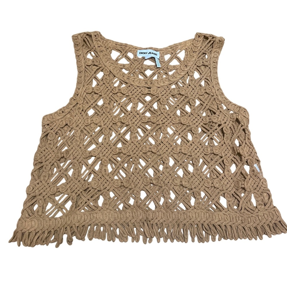 DKNY Jeans Women's L Tan Brown Open Crochet Knit Fringe Festival Tank Crop Top